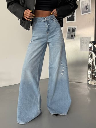 Kadın %100 Pamuk Wide-Leg Geniş Paça Eskitme Detaylı Jean Pantolon