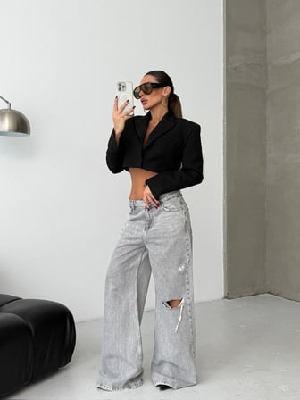HerTon Kadın Bol Paça Wide Leg Jean - %100 Pamuk Yırtık Detaylı Pantolon