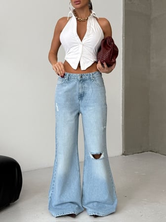 HerTon Kadın Bol Paça Wide Leg Jean - %100 Pamuk Yırtık Detaylı Pantolon