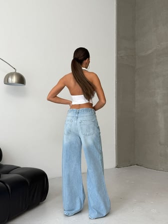 HerTon Kadın Bol Paça Wide Leg Jean - %100 Pamuk Yırtık Detaylı Pantolon