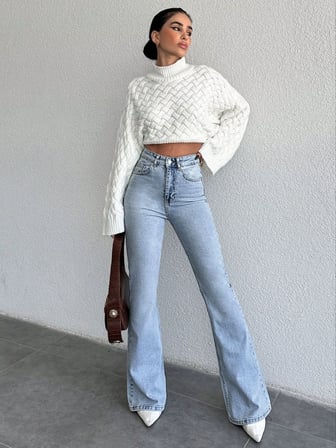 Yüksek Bel İspanyol Paça Jean Pantolon - Eskitme Detaylı Full Pamuklu Flare Denim