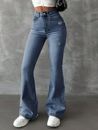 Yüksek Bel İspanyol Paça Jean Pantolon - Eskitme Detaylı Full Pamuklu Flare Denim