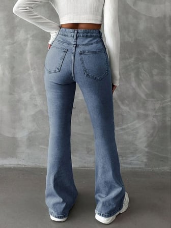 Yüksek Bel İspanyol Paça Jean Pantolon - Eskitme Detaylı Full Pamuklu Flare Denim