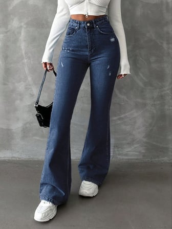 Yüksek Bel İspanyol Paça Jean Pantolon - Eskitme Detaylı Full Pamuklu Flare Denim