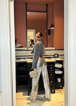 Kadın Metalik Pantolon Yüksek Bel Geniş Paça Wide Leg Parlak Pantolon
