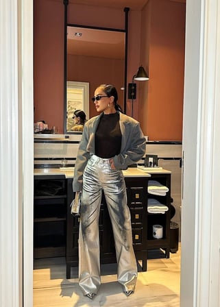 Kadın Metalik Pantolon Yüksek Bel Geniş Paça Wide Leg Parlak Pantolon
