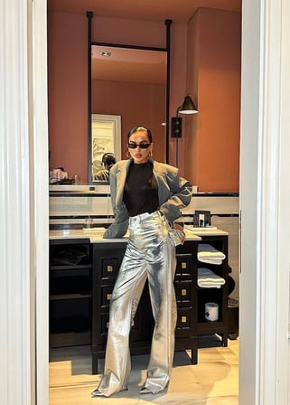 Kadın Metalik Pantolon Yüksek Bel Geniş Paça Wide Leg Parlak Pantolon