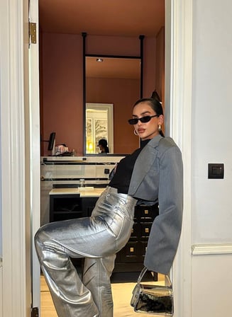 Kadın Metalik Pantolon Yüksek Bel Geniş Paça Wide Leg Parlak Pantolon