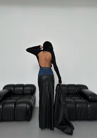 Çift Dokulu Denim Deri Mix Maxi Etek - Belden Kot Detaylı Deri Etek
