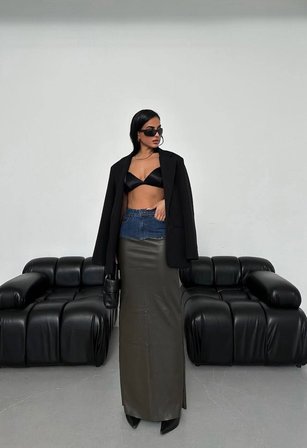 Çift Dokulu Denim Deri Mix Maxi Etek - Belden Kot Detaylı Deri Etek