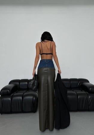 Çift Dokulu Denim Deri Mix Maxi Etek - Belden Kot Detaylı Deri Etek