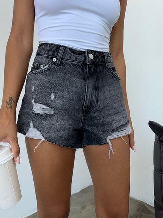 Yüksek Bel Jean Şort Yırtık Detaylı Kadın Denim Şort