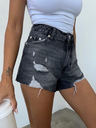 Yüksek Bel Jean Şort Yırtık Detaylı Kadın Denim Şort