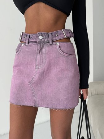 Kadın Cut-Out Detaylı Kemerli Jean Mini Etek - Tasarım Denim Etek