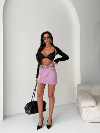 Kadın Cut-Out Detaylı Kemerli Jean Mini Etek - Tasarım Denim Etek