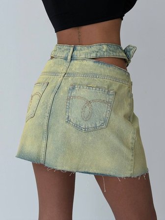 Kadın Cut-Out Detaylı Kemerli Jean Mini Etek - Tasarım Denim Etek