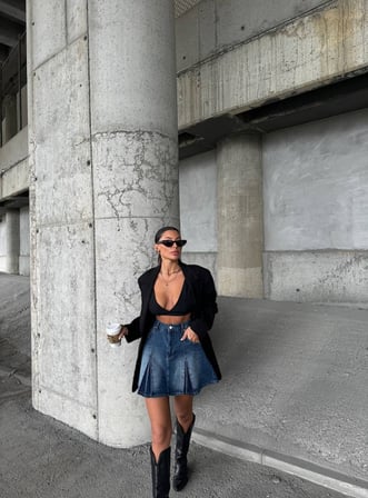 Pile Detaylı Yüksek Bel Denim Mini Etek