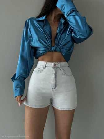 Kadın Yüksek Bel Çizgili Mini Kot Şort - Yazlık Slim Fit Jean Şort