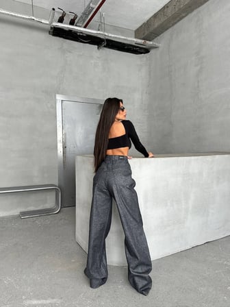 Kadın Işıltılı Wide Leg Pantolon - Yüksek Bel Simli Jean