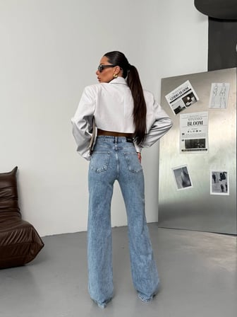 Kadın Yüksek Bel Çapraz Düğme Detaylı Wide Leg Jean Pantolon