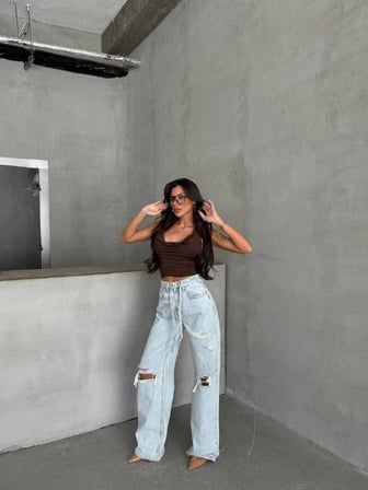 Kadın Yırtık Detaylı Wide Leg Jean - %100 Pamuk Bol Paça Jean Pantolon