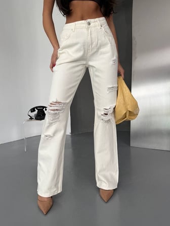 Yırtık Detaylı Straight Fit Jean Pantolon Yüksek Bel Kadın Pantolon