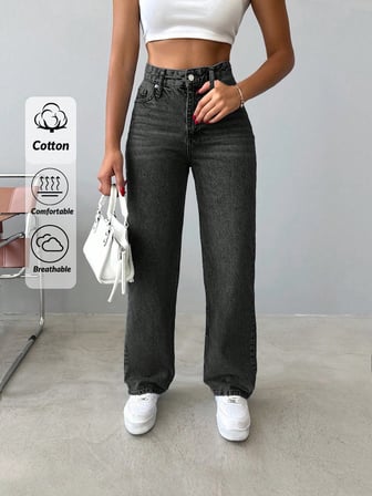 Kadın Yüksek Bel %100 Pamuk Jean Pantolon - Düz Kesim Straight Denim