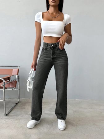 Kadın Yüksek Bel %100 Pamuk Jean Pantolon - Düz Kesim Straight Denim