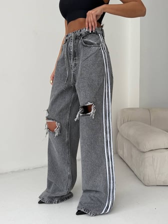 Yüksek Bel Şeritli Grunge Jean - Dizden Yırtık Detaylı Geniş Paça Denim Pantolon