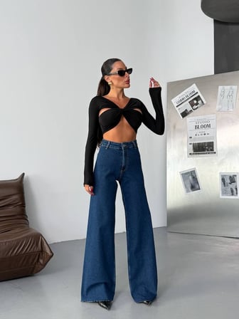 Siyah Yüksek Bel Geniş Paça Wide Leg Denim Jean Pantolon