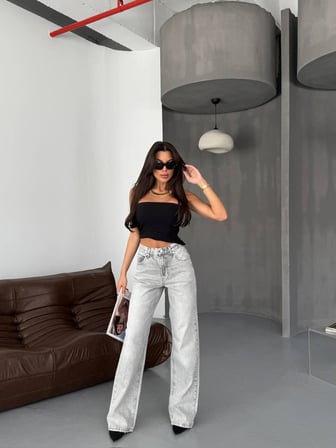 Gri Yıkamalı Yüksek Bel Wide Leg Jean Pantolon Kadın Bol Paça Denim