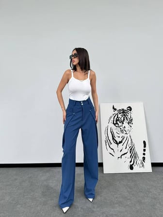 Yüksek Bel Oversize Kesim Bej Palazzo Pantolon