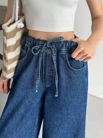 Kadın Beli Lastikli Ultra Rahat Geniş Paça Denim Pantolon