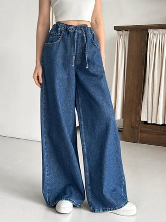 Kadın Beli Lastikli Ultra Rahat Geniş Paça Denim Pantolon