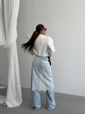 Açık Mavi Yüksek Bel Dantel Detaylı Jean Pantolon Kadın Wide Leg Denim Pantolon