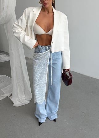 Açık Mavi Yüksek Bel Dantel Detaylı Jean Pantolon Kadın Wide Leg Denim Pantolon