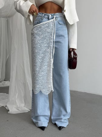 Açık Mavi Yüksek Bel Dantel Detaylı Jean Pantolon Kadın Wide Leg Denim Pantolon