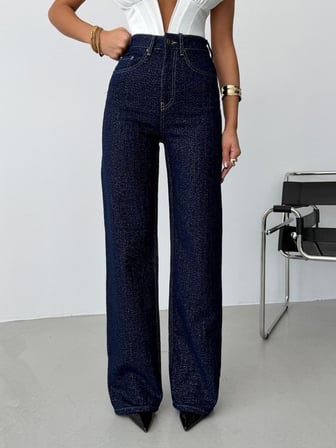 Lacivert Simli Yüksek Bel Wide Leg Jean Pantolon Kadın Parlak Denim Pantolon