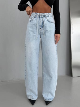 Kadın Bağcıklı Wide Leg Jean Pantolon