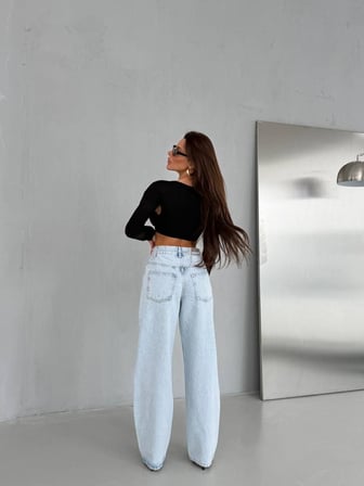 Kadın Bağcıklı Wide Leg Jean Pantolon
