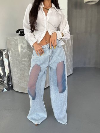 l Wide Leg Jean Pantolon Transparan Detaylı Bol Paça Denim