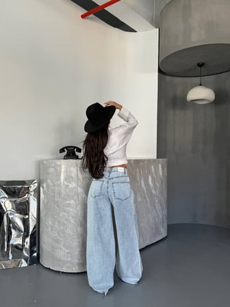 l Wide Leg Jean Pantolon Transparan Detaylı Bol Paça Denim