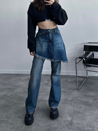 Yüksek Bel Yırtık Detaylı Asimetrik Mini Etek Görünümlü Wide Leg Jean Pantolon