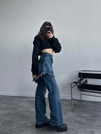 Yüksek Bel Yırtık Detaylı Asimetrik Mini Etek Görünümlü Wide Leg Jean Pantolon