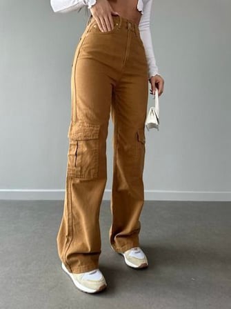 Yüksek Bel Yan Cepli Kargo Jean Pantolon