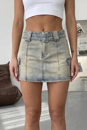 Yüksek Bel Mini Denim Etek Eskitilmiş Mavi Yıkamalı Cep Detaylı Jean Etek