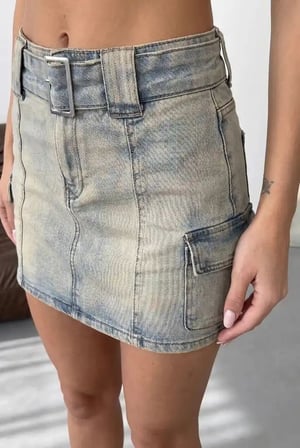 Yüksek Bel Mini Denim Etek Eskitilmiş Mavi Yıkamalı Cep Detaylı Jean Etek