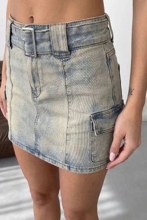 Yüksek Bel Mini Denim Etek Eskitilmiş Mavi Yıkamalı Cep Detaylı Jean Etek