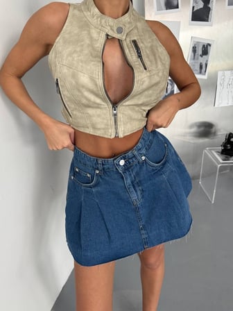 Kadın Mavi Denim Mini Etek Yüksek Bel Pilili Jean Etek