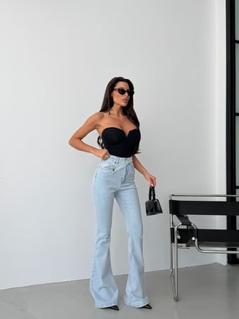 HerTon Kadın Antrasit Yüksek Bel Wide Leg Jean Pantolon - %100 Pamuk Denim